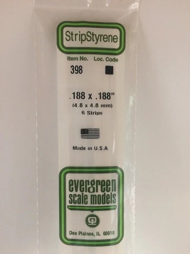 [ EG398 ] Evergreen styrene vierkant vol profiel 4,8 x 4,8mm x 610mm ( 6s.)