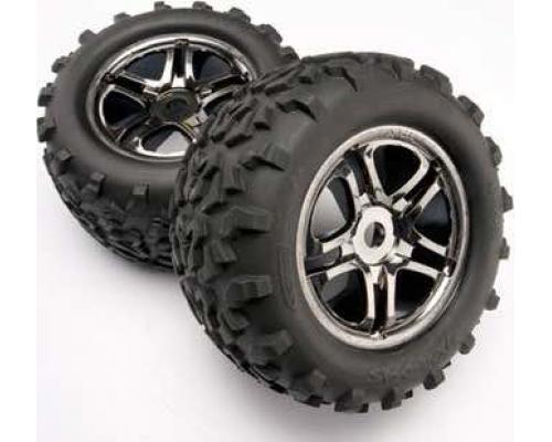 [ TRX-4983A ] Traxxas Tires &amp; wheels, assembled, glued (SS (Split Spoke) black chrome wheels, Maxx tires (6.3&quot; outer diameter), foam inserts) (2) (fits Maxx/Revo series) -TRX4983A