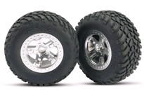 [ TRX-5873 ] Traxxas Tires &amp; wheels, assembled, glued (SCTsatin chrome wheels, SCT off-road racing tire) (2) (rear) -TRX5873 