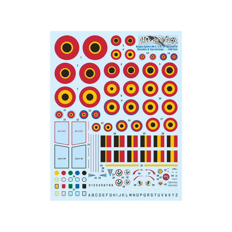 [ DACODCD7270 ] Belgian Air Force spitfire Mk 9,14 &amp; 16 roundels &amp; Sqn markings 1/72