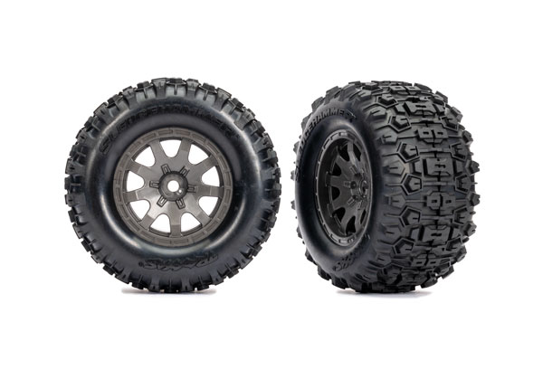 [ TRX-10770-GRAY ] Traxxas Tires &amp; wheels, assembled (charcoal gray wheels, dual profile (2.1&quot; outer, 2.6&quot; inner), Sledgehammer® tires, foam inserts)) (rear) (2) - TRX10770