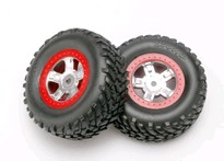 [ TRX-7073A ] Traxxas Tires and wheels, assembled, glued (SCT satin chrome wheels, red beadlock style, SCT off-road racing tires, foam inserts) (1 each, right &amp; left) -TRX7073A