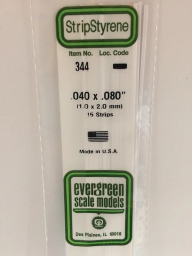 [ EG344 ] Evergreen styrene strip 1,0 x  2,0 x 610 mm (15s.)