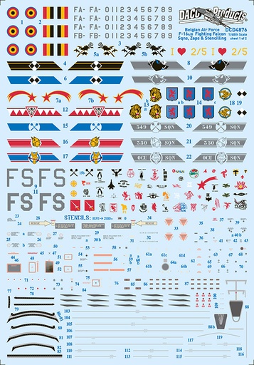 [ DACODCD4876 ] F-16A/B (MLU) Fighting Falcon Belgian Air Force Squadrons Emblems, Zappings &amp; General Stencilling 1/48